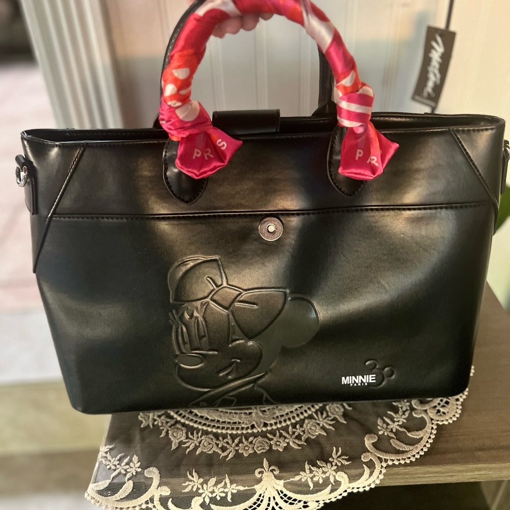 Minnie Mouse Paris, design, Black Leather Tote Bag
